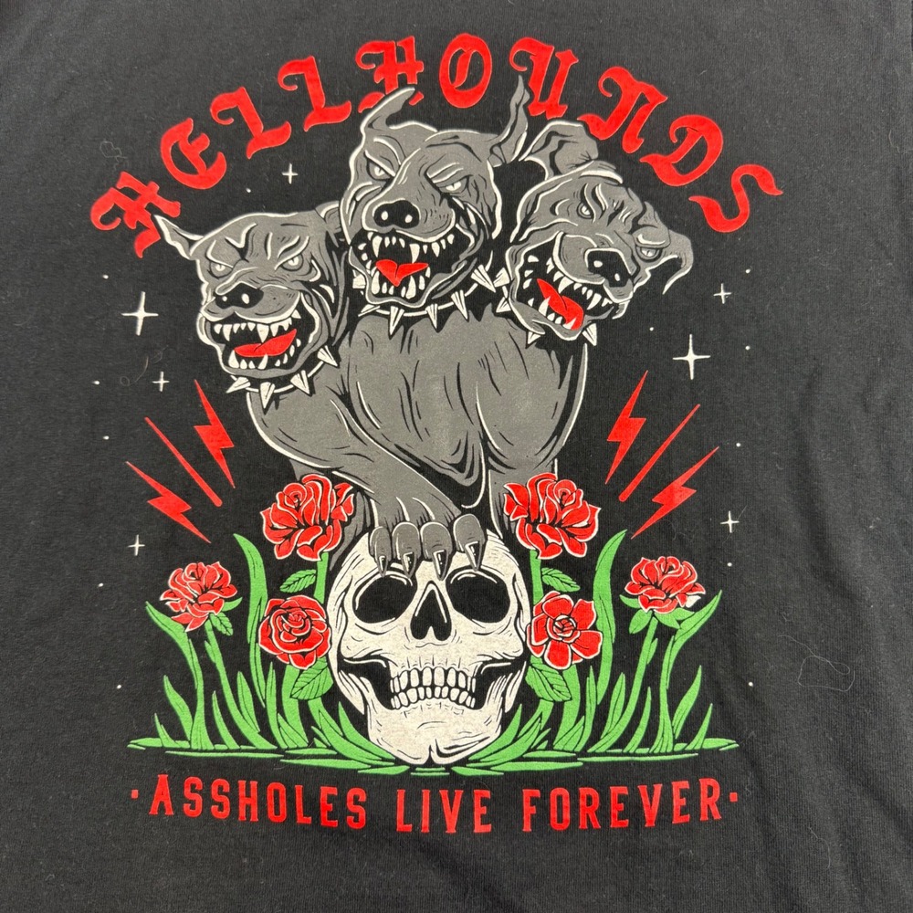 Hellhounds T-Shirt Mens L Black A**holes Live Forever Skull Biker Linda Finegold